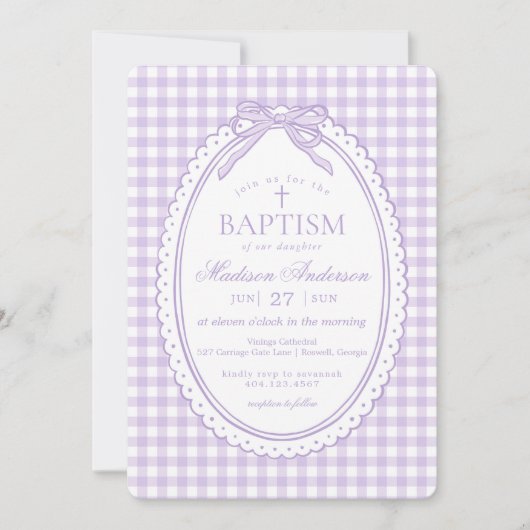 Paarse Gingham Flirterige Strik Doop Kaart (Voorkant)