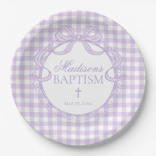 Paarse Gingham Flirterige Strik Doop Papieren Bordje