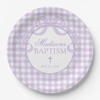 Paarse Gingham Flirterige Strik Doop Papieren Bordje