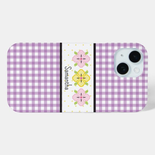 Paarse Gingham Geruite Bloem Initialen Case-Mate iPhone Case (Achterkant (horizontaal))