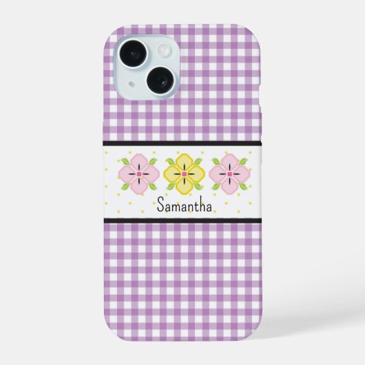 Paarse Gingham Geruite Bloem Initialen iPhone 15 Case (Achterkant)
