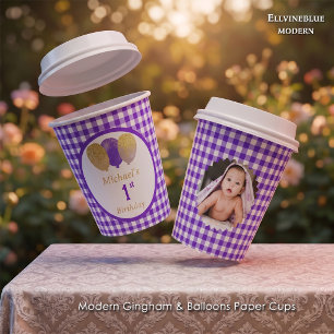 Paarse Gingham Glitter Ballonnen & Foto Verjaardag Papieren Bekers