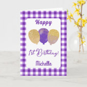 Paarse Gingham & Glitterballonnen 1e Verjaardag Kaart (Gele Bloem)