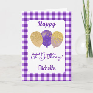 Paarse Gingham & Glitterballonnen 1e Verjaardag Kaart