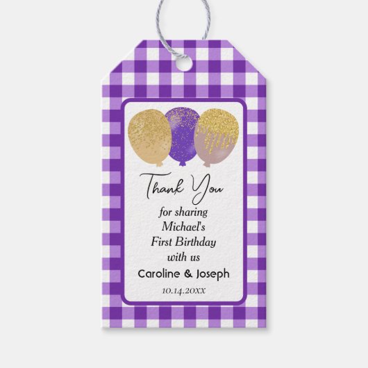  Paarse Gingham, Glitterballonnen Verjaardag Cadeaulabel (Voorkant)