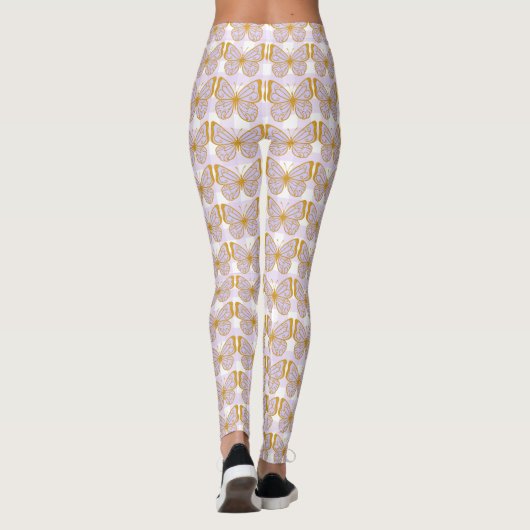 Paarse Gingham Gold Butterfly Designer Leggings (Achterkant)