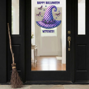 Paarse Gingham Halloween Heksenhoed en Vleermuizen Raamsticker