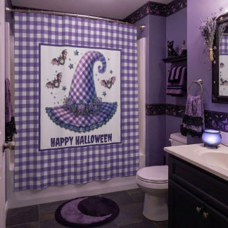 Paarse Gingham Halloween Heksenhoed & Vleermuizen Douchegordijn