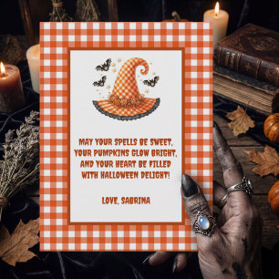 Paarse Gingham Halloween Heksenhoed & Vleermuizen Feestdagenkaart