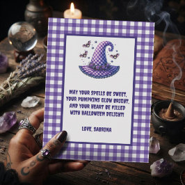 Paarse Gingham Halloween Heksenhoed & Vleermuizen Feestdagenkaart