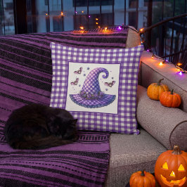 Paarse Gingham Halloween Heksenhoed & Vleermuizen Kussen