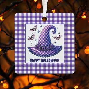 Paarse Gingham Halloween Heksenhoed & Vleermuizen Metalen Ornament