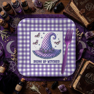 Paarse Gingham Halloween Heksenhoed & Vleermuizen Papieren Bordje