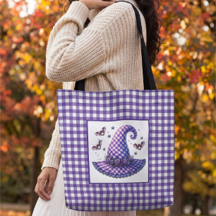Paarse Gingham Halloween Heksenhoed & Vleermuizen Tote Bag