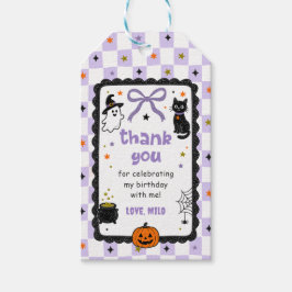 Paarse Gingham Halloween Verjaardagsfeest Cadeaulabel