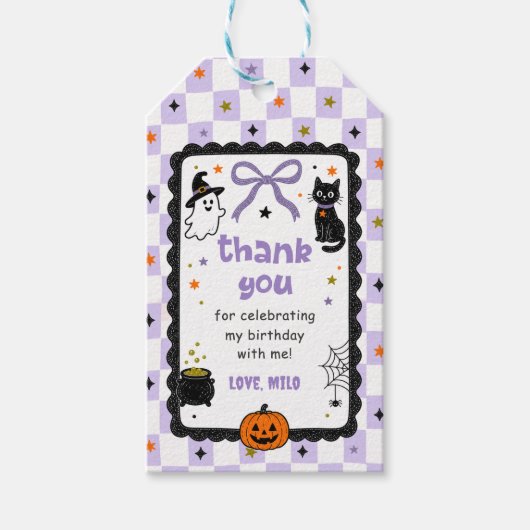 Paarse Gingham Halloween Verjaardagsfeest Cadeaulabel (Voorkant)