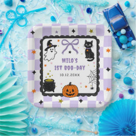 Paarse Gingham Halloween Verjaardagsfeest Papieren Bordje