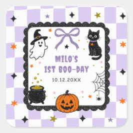 Paarse Gingham Halloween Verjaardagsfeest Vierkante Sticker