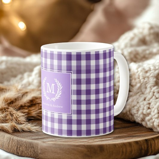 Paarse Gingham Monogram Crest Custom Koffiemok