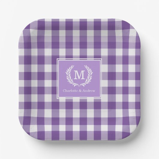 Paarse Gingham Monogram Crest Custom Papieren Bordje (Voorkant)