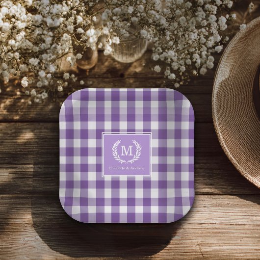 Paarse Gingham Monogram Crest Custom Papieren Bordje
