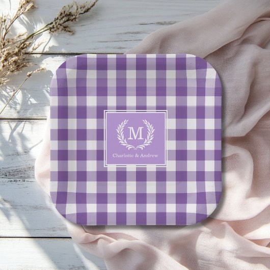 Paarse Gingham Monogram Crest Custom Papieren Bordje