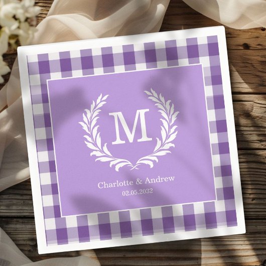 Paarse Gingham Monogram Crest Custom Servet