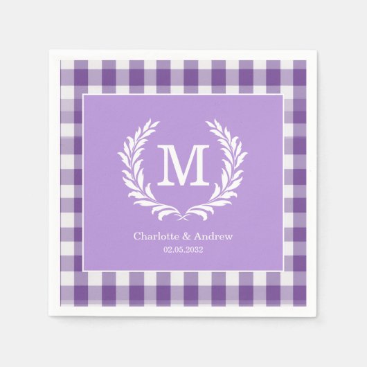 Paarse Gingham Monogram Crest Custom Servet (Voorkant)