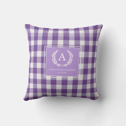 Paarse Gingham Monogram Crest Kussen (Achterkant)