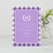 Paarse Gingham Monogram Crest QR-code Kaart (Staand voorkant)