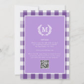 Paarse Gingham Monogram Crest QR-code Kaart (Achterkant)