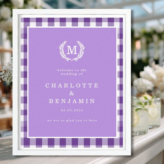 Paarse Gingham Monogram Crest Wedding Welkom Poster