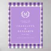 Paarse Gingham Monogram Crest Wedding Welkom Poster (Voorkant)