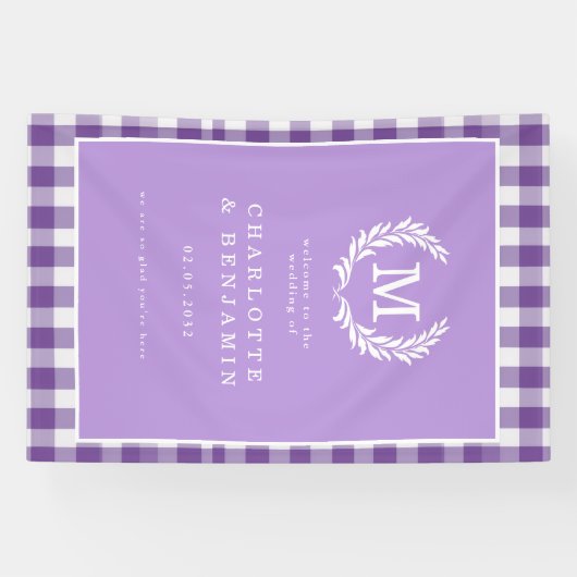 Paarse Gingham Monogram Crest Wedding Welkom Spandoek (Horizontaal)