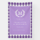 Paarse Gingham Monogram Crest Wedding Welkom Spandoek (Verticaal)