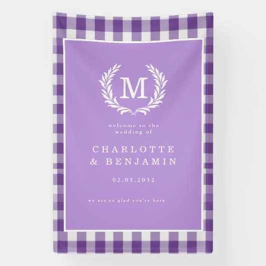 Paarse Gingham Monogram Crest Wedding Welkom Spandoek (Verticaal)