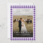 Paarse Gingham Monogram Wapenschild 2 Foto Bedankkaart (Voorkant)