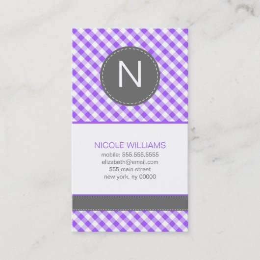 Paarse Gingham Pattern Monogram Calling Cards Contactkaartje (Voorkant)