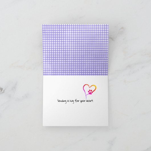 Paarse Gingham Pawprint Heart voor verlies van kat Kaart (Binnen)