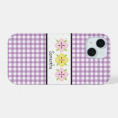 Paarse Gingham Plaid Bloemen Monogram iPhone 15 Case (Achterkant horizontaal)