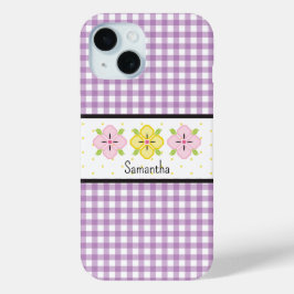 Paarse Gingham Plaid Floral Monogram iPhone 15 Case