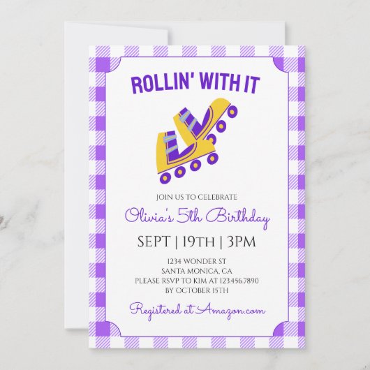 Paarse Gingham Roller Schaats Verjaardagsfeestje Kaart (Voorkant)