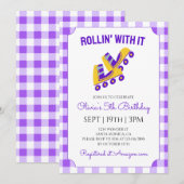 Paarse Gingham Roller Schaats Verjaardagsfeestje Kaart (Voorkant / Achterkant)