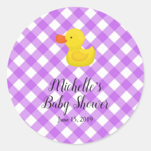 Paarse Gingham Rubber Duckie Baby Shower Ronde Sticker