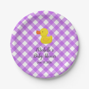 Paarse Gingham Rubber Eendje Baby Shower Papieren Bordje