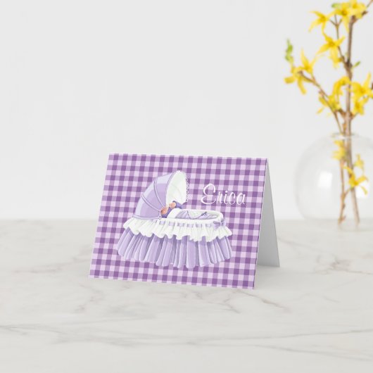 Paarse Gingham Ruffled Bassinet Blank Notecard Kaart (Gele Bloem)