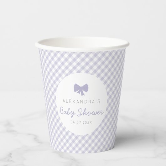 Paarse gingham schattig meisje boog baby shower papieren bekers (Voorkant)