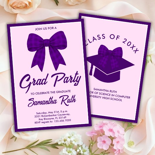 Paarse Gingham Strik Diploamafeest Kaart
