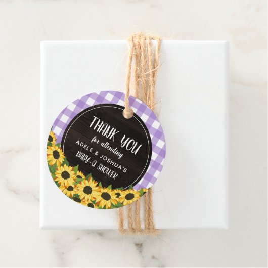 Paarse Gingham & Sunflower Baby-Q Shower Dank je Bedankjes Labels (In situ)