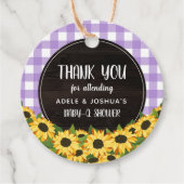 Paarse Gingham & Sunflower Baby-Q Shower Dank je Bedankjes Labels (Voorkant)